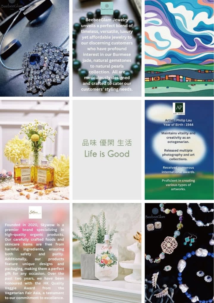 A nine-panel grid showcasing jewelry, abstract art, organic products, and exhibitor profiles.