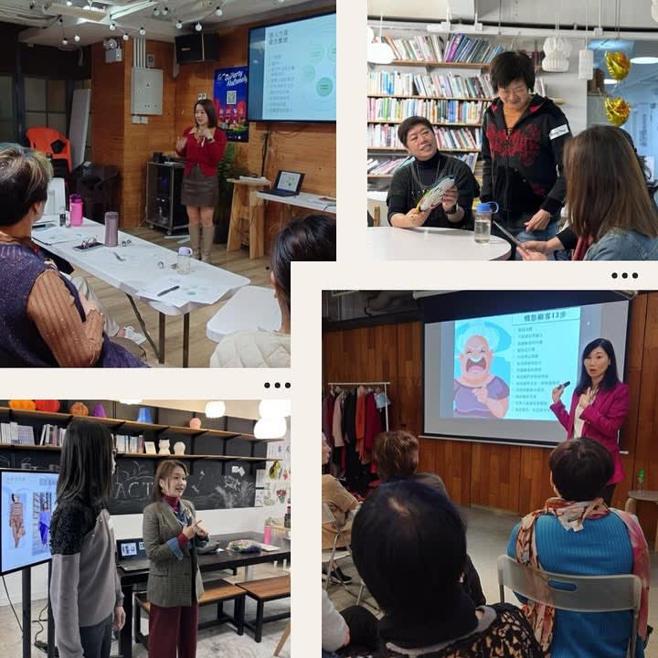 Collage: Trainers presenting to attendees, people examining an object, and one-on-one instruction in a workshop.