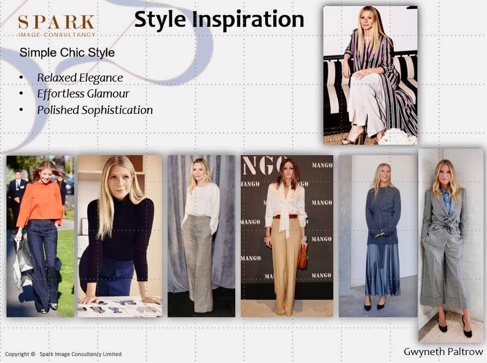 Presentation slide from Spark Image Consultancy showing 'Style Inspiration: Simple Chic Style' with photos of Gwyneth Paltrow.