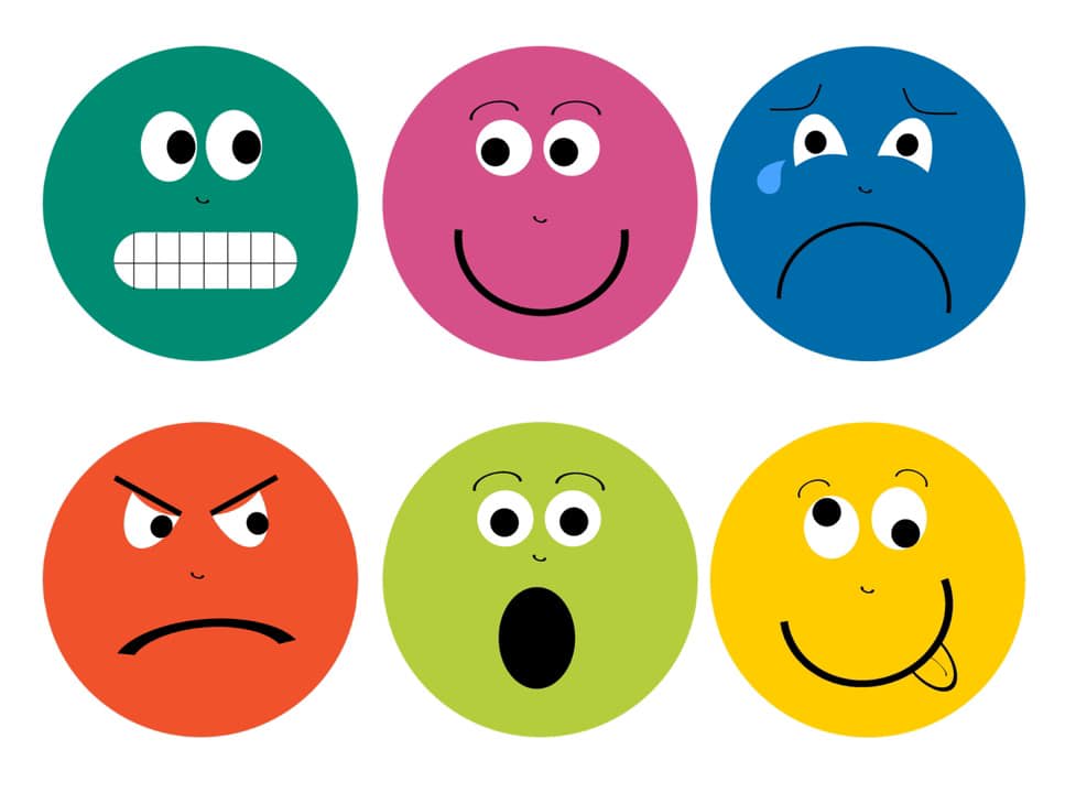 Six colorful circular faces, each depicting a different emotion: grinning, happy, sad, angry, surprised, and playful.